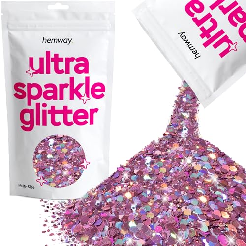 Hemway Ultra Sparkle Glitter Pink Holographic 100g Multi Size | Glitter for Arts & Crafts, Card Making, Crafting, Sparkle Decoration