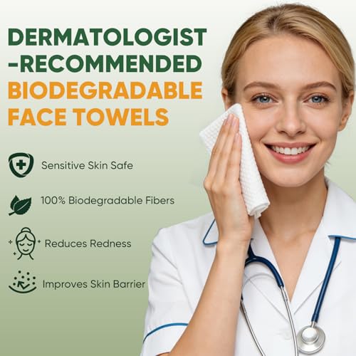 Face Towels Disposable (50Ct), 100% Viscose Fiber Double-Sided Facial Towelettes, Soft Thick Lint-Free Makeup Remover Wipes for Sensitive Skin, Home & Travel