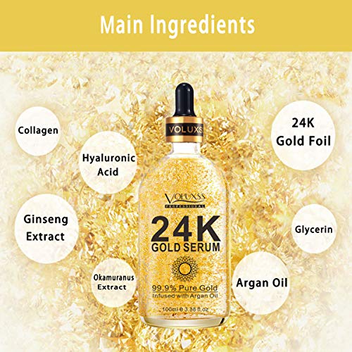 24K Gold Serum for Face,Skin Brightening Anti Aging Face Serum Moisturizer with Vitamin C,Hyaluronic Acid & Argan Oil for Dark Spots & Fine Lines,Korean Skin Care Glow Collagen Booster
