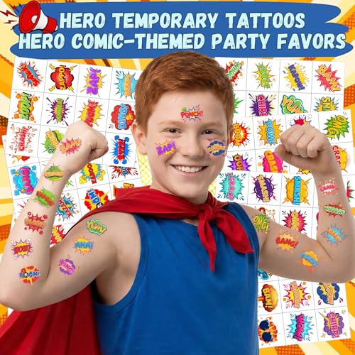 96PCS Hero Temporary Tattoos Sticker For Kids - Hero Themed Birthday Party Favors Birthday Party Decorations Accessories Pow Wow Bang Boom Omg Gift Idea For Kids Teen Adult Classroom Prizes Rewards