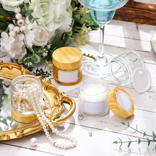 Layhit 12 Pcs 2oz/ 60ml Glass Jars with Lids Clear Small Jars with Plastic Woodgrain Lids, White Labels and Inner Liners Empty Round Cosmetic Containers for Creams Lotions Candle Making (Clear)
