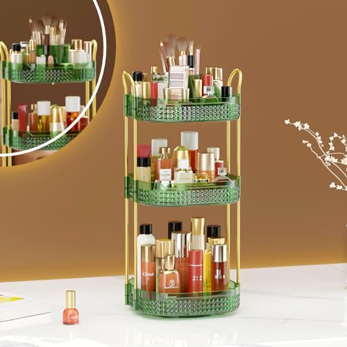 Awenia Rotating Makeup Organizer 360, Stackable Adjustable Large Capacity Cosmetic Storage Unit,Dresser Bathroom Kitchen Countertop Organizer with Metal Handle, Plus Size (Gem Green, 3 Tier)