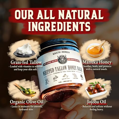 Organic Beef Tallow for Skin - 2OZ (Unscented, Concentrated) ? Grass Fed Beef Tallow for face + Body ? US-Made Tallow and Honey Balm Moisturizer for Dry & Sensitive Skin, Eczema, Rosacea(No Additives)