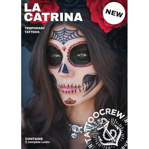 2 x La Catrina Face Halloween Temporary Tattoo, Dia de los Muertos