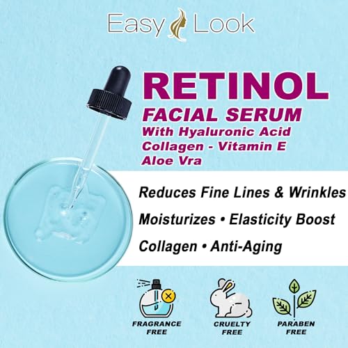 Retinol Serum for Face w/Hydrating Hyaluronic Acid, Collagen, Vitamin E and Aloe vera. Anti-Aging Facial Serum, Tighten Lift Hydrate & Plump All Skin Types, Reduce Fine Line & Wrinkles 2 Fl Oz