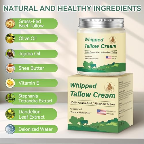 Beef Tallow for Skin, Organic Grass Fed Whipped Beef Tallow Balm Moisturizer Deeply Nourishing for Face & Body, Natural Unscented Tallow Face Moisturizer Cream for Dry Skin, 4oz