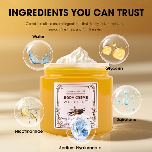 Champagne Body Cream, Champagne Lift Body Creme with Firming Complex & Pink Pepperslim, Deep Hydration & Smoothing Body Cream, Firms & Lifts Arms & Legs, Hydrates Dry Skin, Vanilla Scent