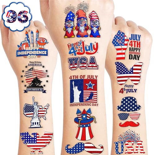 100 PCS Independence Day American Temporary Tattoos Themed Birthday Party Decorations Favors Supplies Decor Cute 4th of July Fourth of July Tattoo Stickers Gifts For Boys Girls Class Prizes Carnival
