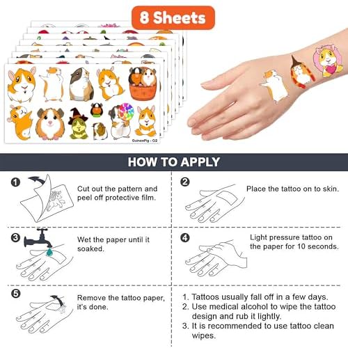 (96 PCS) Funny Guinea Pig Hamster Temporary Tattoos Birthday Themed Party Supplies Decorations Favors Cute Cartoon Animal Pet Stickers Tattoo Gifts for Kids Girls Boys Decor Class Reward Christmas