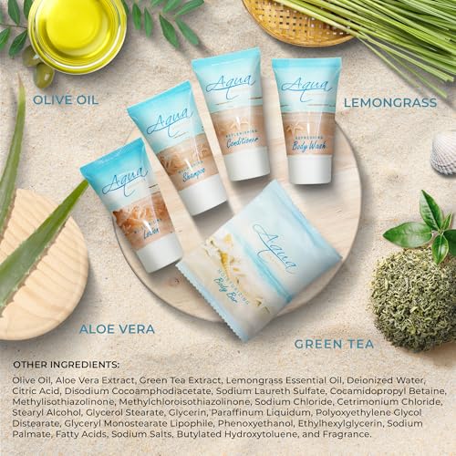 Aqua Organics Hotel Soaps & Toiletries Bulk Set | 1-Shoppe Amenities Kit | 1oz Shampoo & Conditioner, Body Wash, Lotion, 1oz Bar Soap | Travel Size | 75 Pieces