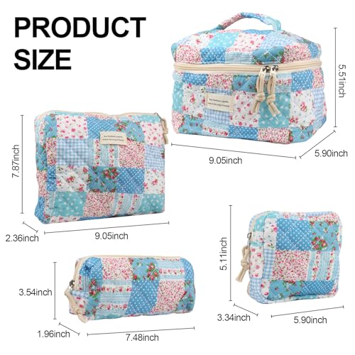 Cute Makeup Bag for Women(2 Pcs), Travel Cosmetic Bags, Quilted Coquette Aesthetic Floral Toiletry Organizer Bag (43 - Grid Rose/4PCS)