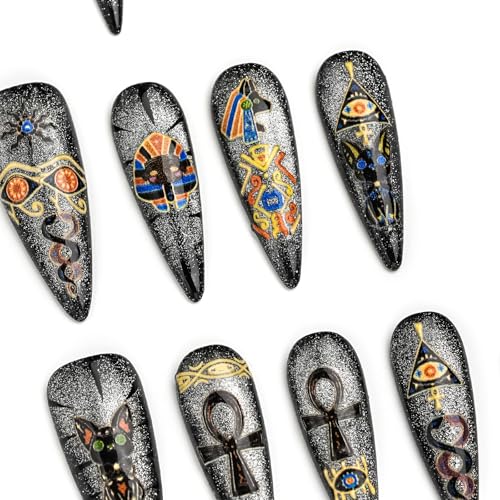 FORBELOVED NAILS.Glitter Cat Eyes Silvery Y2K Handmade Press On Nails,Long Stiletto Glue On Nails,Hand-Painted Gold Foil Bastet False Nails For Women And Girls,10Pcs/Set With Glue,(Silvery-L),FOB
