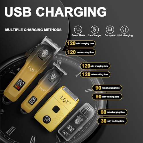 Hair Clippers for Men, with LED Display 4-Piece Cordless Hair Clippers, Beard Trimmer, Foil Shaver & Nose Trimmer, Complete Rechargeable Set for Home Barber Use (Black Gold)