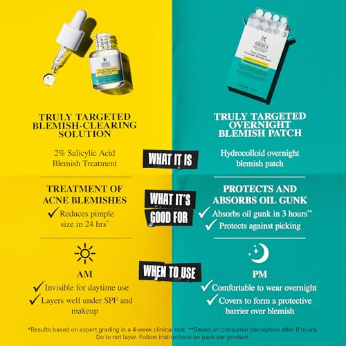 Kiehl's Overnight Pimple Patches - Truly Targeted Invisible Hydrocolloid Blemish Patch, Absorbs Oil and Gunk, Treatment for Whiteheads and Zits, Shrinks Breakouts (22 Count)