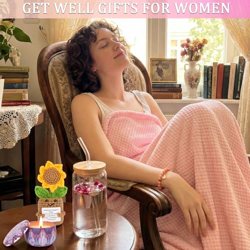 Birthday Gifts for Women Spa Care Package, Get Well Soon Gift Baskets Thinking of You Sympathy Gift, Self Care basket w/ Luxury Flannel Blanket 16 Oz Glass Mother Day Gifts for Her Sister Wift Friend