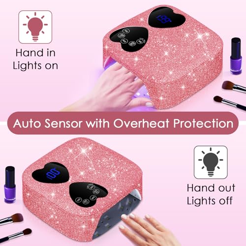 UV LED Nail Lamp Cordless, HUITINE 80W Rechargeable UV Light for Gel Nails with 5 Timers & Mirror Base, Professional Gel Light Dryer, Sparkling Rhinestones Curing Lamp for Salon & Home (Pink Diamond)