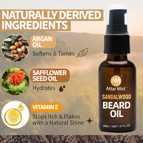 AM Beard Oil for Men growth Beard Conditioner Beard Straightener Beard Softener for Men Prevents Tangles & Itch, Tames Frizz Naturally Derived Beard Care Argan & Vitamin E - 1.01 floz