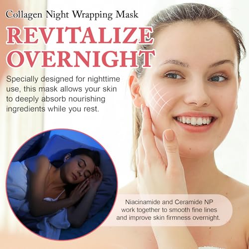 Collagen Night Wrapping Mask, Collagen Overnight Wrapping Peel Off Facial Mask, Reduces Sagging, Elasticity & Hydration Care, Repairing and Anti-Aging Skin Treatment, 2.53 fl.oz (2pcs)