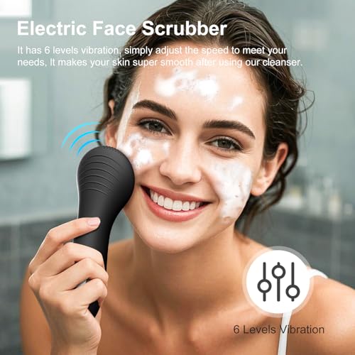 OWLMATE Facial Cleansing Brush, Electric Face Scrubber for Men & Women Waterproof Rechargeable Sonic Vibrating Soft Silicone Face Cleanser Brush for Deep Cleansing, Exfoliating, Massaging (Black)
