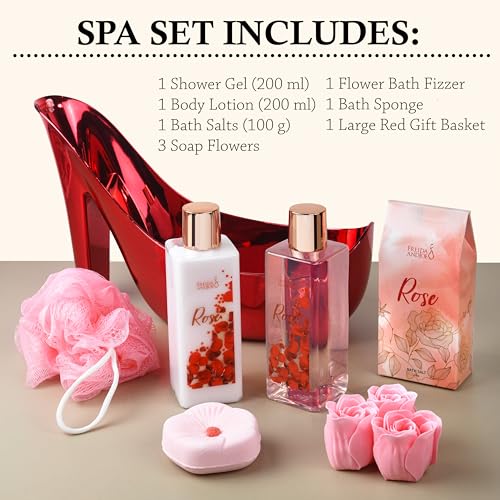 Freida & Joe Elegant Bath Set in High Heel Shoe ? Luxurious Spa Gift Basket for Women, Includes Shower Gel, Body Lotion, Bath Salts, Soap Flowers, Bath Fizzer & Sponge (Rose) ? Mother's Day Gift