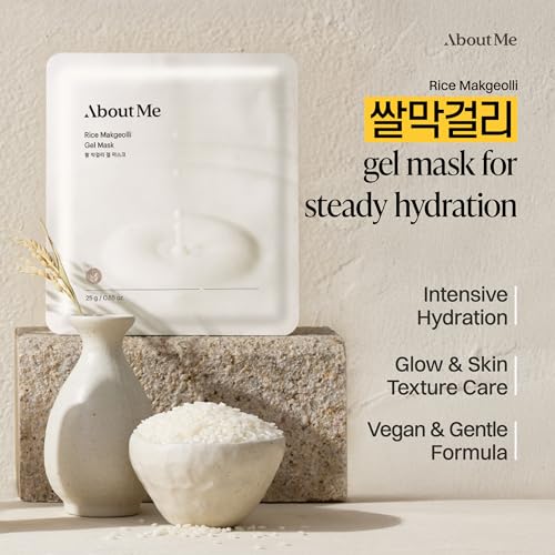 About Me Rice Makgeolli Hydrogel Mask - Real Powder Embedded Gel Sheet, Galactomyces & Niacinamide, Fermented Rice Glass Skin Glow, Non-Drip Vegan Korean Face Mask, Dry Sensitive Skin, 5 Sheets