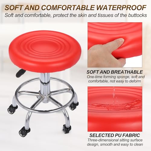 PATIKIL Adjustable Height Rolling Stool with Wheels, PU Leather Round Rolling Desk Stool for Tattoo Massage Salon Spa Salon Teach Facial Office, Red