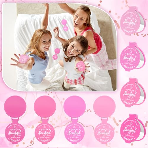 100 Pcs 2.76 Inch Inspirational Compact Mirror Bulk Women Small Gifts Graduation Party Favors Purse Mirror Pocket Mini Stuffer Items for Adult Coworker Cheerleader Employee (Pink Series)