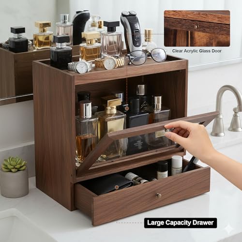 Cologne Organizer for Men,Nightstand Organizer,Cologne Shelf, Solid Wood Cologne Stand with Drawer Storage and Clear Window,Dresser Drawer Organizers,Perfume Stand Organizer,Brown