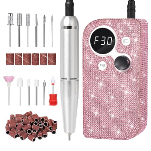 30000RPM Cordless Nail Drill Sparkling Portable Professional Electric Nail File with 12 Drill Bit for Acrylic Gel Nails Professional Nail Tools for Manicure Pedicure Pink Diamond