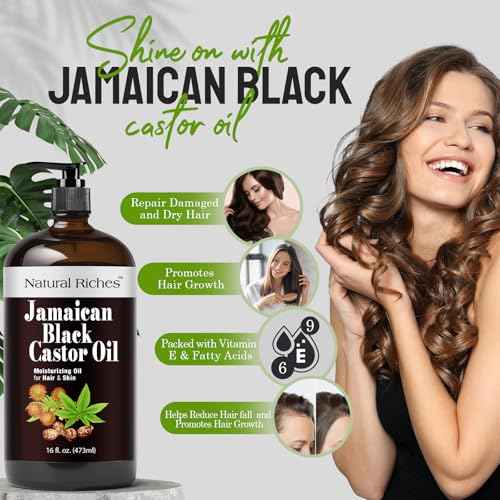 Natural Riches Jamaican Black Castor Oil Glass Bottle Pure Organic Cold Pressed for Hair Growth Skin Care for Dry Skin Conditioning Eyebrows Eyelashes Scalp and Nail Moisturizes & Repairs 16fl.oz.