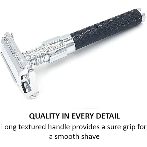 Parker 92R Graphite Gray, Long Handle Heavyweight Butterfly Open Double Edge Safety Razor for Men, 5 Parker Premium Platinum Double Edge Razor Blades Included