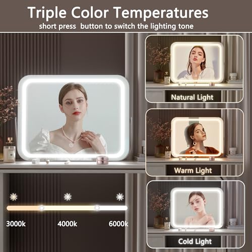 Hasipu Vanity Mirror with Lights, 14" x 10" LED Makeup Mirror, 3 Modes Light, Smart Touch Control Dimmable, 360¡ÆRotation, Rectangle White Frame, with 5X Magnifying Glass