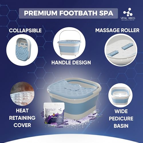 Vital Vibes Collapsible Foot Spa Bath Massager ? Large Foot Soaking Tub with Heat Cover & Rollers ? Professional Pedicure Kit for Callus Removal, Pain Relief & Soaking ? Includes Epsom Salt