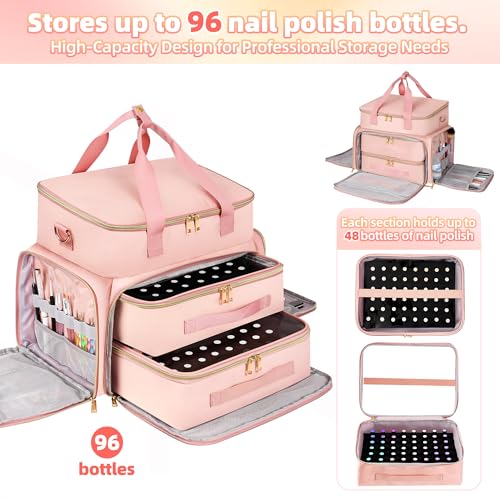 DERSTUEWE Nail Polish Organizer Case ? Waterproof Travel Bag with Hard Bottom ? Double Layer Nail Storage Bag with Adjustable Dividers & Nail Lamp Compartment (Pink)