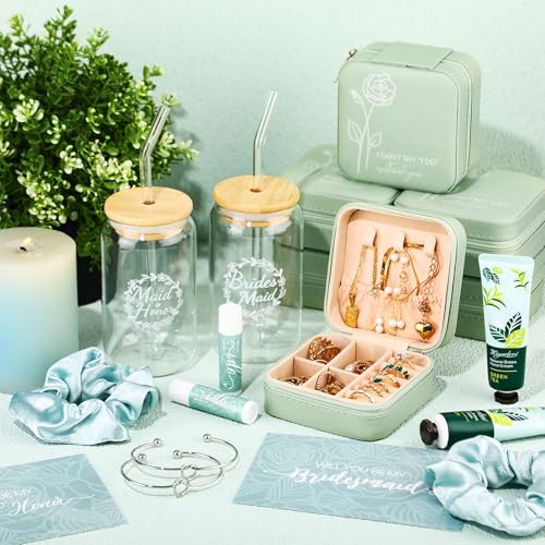 60 Pcs Bridesmaid Proposal Gifts Bridesmaid Box Set Maid of Honor Gifts Wedding Bridal Shower Include Jewelry Box Glass Cup Scrunchies Hair Knotted Bracelets Hand Cream Lip Balm Cards(Green)