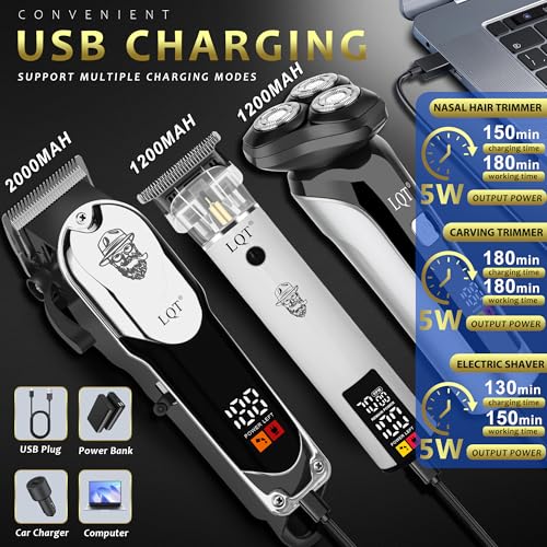 Hair Clippers for Men, 3-Piece Professional Grooming Kit Includes Hair Clipper, LED Power Display,Detail Trimmer and Nose Trimmer, Complete Cordless Set for Home Barber Use (Black)