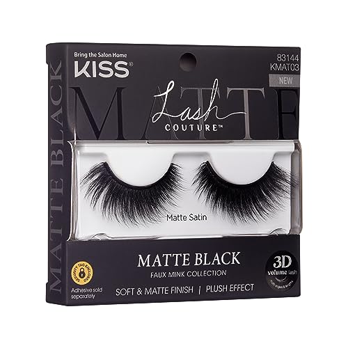 KISS Lash Couture 3D Matte False Eyelashes, Matte Satin', 16 mm, Includes 1 Pair Of Lash, Contact Lens Friendly, Easy to Apply, Reusable Strip Lashes (Pack of 3)