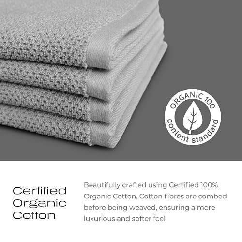 Luxury Silver-Infused Gray Washcloths 4-Pack, 600GSM, 12.9"x12.9" - Premium Hotel Spa Quality Bathroom Towels - 100% Certified Organic Cotton, Absorbent, Fast-Drying, Large, Thick & Soft
