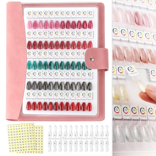 120 Magnetic Nail Color Book,Leather Magnetic Color Display Book with 120PCS Magnetic Tips & 1-200 Number Labels,Perfect for Nail Polish Nails Art Design(Pink)