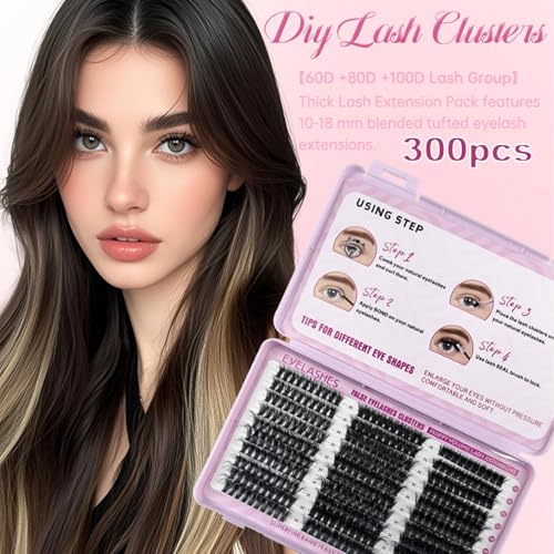 Eyelash Clusters Extension Natural Thick D Curl Cluster 300pcs 60D+80D+100D 10-18mm Individual Eyelash Extensions Natural Fluffy Wispy Fake Eyelashes,(60D+80D+100D, 10-18mm,300Pcs)