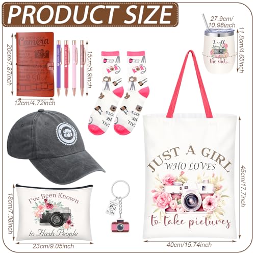 Geiserailie 11 Pcs Photographer Gifts for Camera Lovers Christmas Birthday Gifts Set for Women Photography Lovers Include Inspirational Canvas Bag Makeup Bag Hat Socks Keychain Cup Notebook Pen
