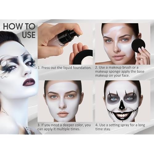 Clown White Face Paint, White Liquid Foundation Full Coverage Matte Flawless Finish Foundation for Goth Clown Makeup,Daily,Cosplay, Halloween Makeup