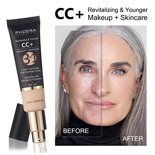 PHOERA Foundation,PHOERA CC+ Cream Color Correcting Anti Aging Hydrating Serum &SPF 25+,3 Pcs Cream Contour Stick Makeup Kit, Shades with Highlighter Stick, Blush Stick and Bronzer Contour Stick