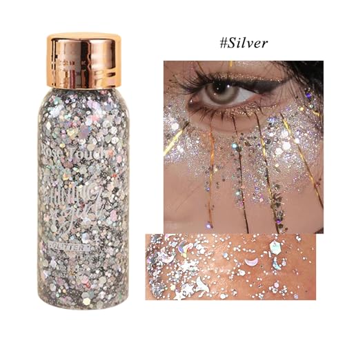 Body Glitter Gel, Holographic Chunky Glitters for Body Hair Face Nails, Colorful Mermaids Shimmer Sparkle Makeup for Parties, Halloween, Singer Concerts Disco Festival Rave Accessories