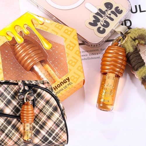 Honey Hydrating Lip Oil,Cute Lip Gloss Keychain,Clear Lip Oil for Women,Lip Gloss Flavoring Oil With Vitamin E Moisturized Shiny Lips for Girls
