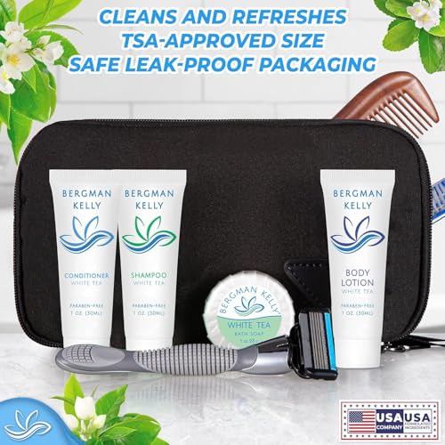 Bergman Kelly - Hotel Toiletries Bundle - White Tea, 1 oz each, 125 Pieces - 5-Piece Set: 25 each Round Bar Soap, Shampoo, Conditioner, Body Lotion & Body Wash - Bulk Mini Guest Amenities