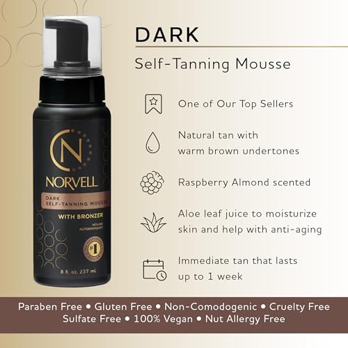 Norvell Sunless Dark Self Tanner Mousse with Bronzer 8 fl oz ? Instant Natural Looking Fake Tan for a Bronzing Glow, Streak Free, Fast Drying, Long Lasting Sunless Tanning Color