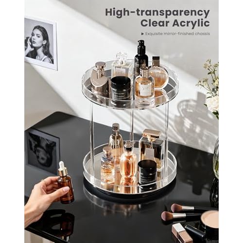 Lolalet 360 Degree Rotating Acrylic Perfume Organizer Stand, 2 Tiers Clear Perfumes Holder Display Rack, Makeup Skincare Organization for Vanity Bathroom Countertop -Large, Clear