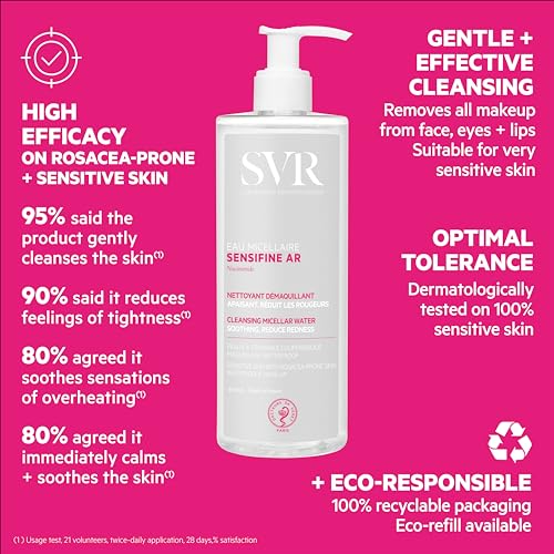 SVR Sensifine Micellar Water With Niacinamide. Soothing, Redness Relief Face Cleanser & Makeup Remover For Face, Eyes, Lips. Gentle, No Rinse Cleanser For Sensitive, Reactive Skin, 13.5 Fl.oz.