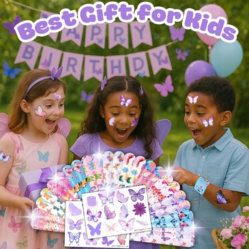 48 PCS Butterfly Party Set: 24 PCS Temporary Tattoos & 24 PCS Slap Bracelets - Cute Butterfly-Themed Gifts for Kids, Girls, Boys - Birthday Parties, Baby Showers, Classroom Rewards, Party Decorations